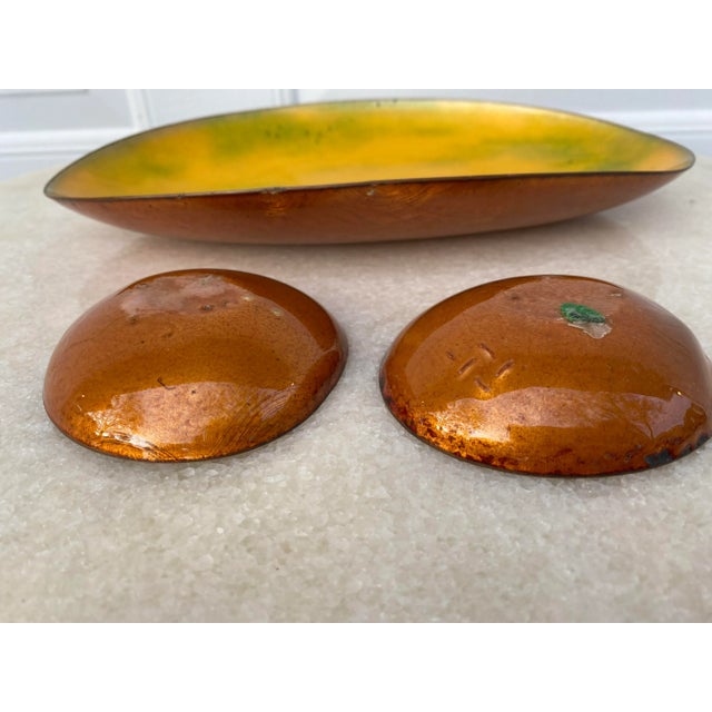 Yellow Enameled Copper Dishes- Set of Three For Sale - Image 4 of 12