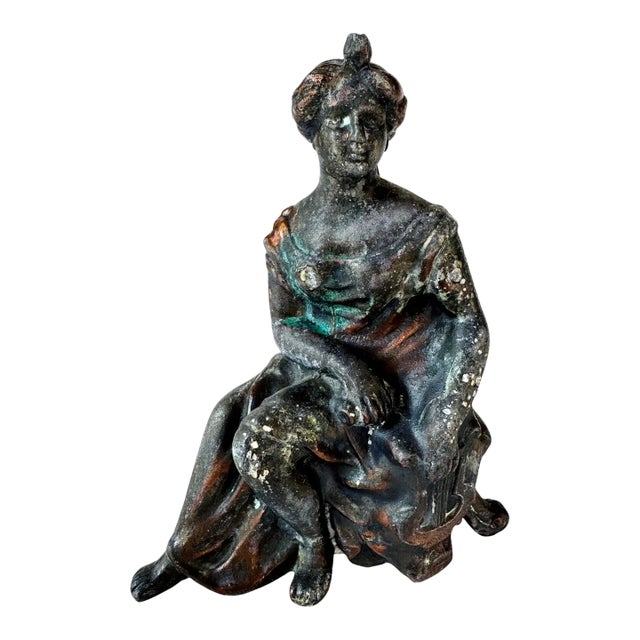 Antique Ansonia Figural Clock Top Seated Woman With Lyre Cast Metal Statue For Sale