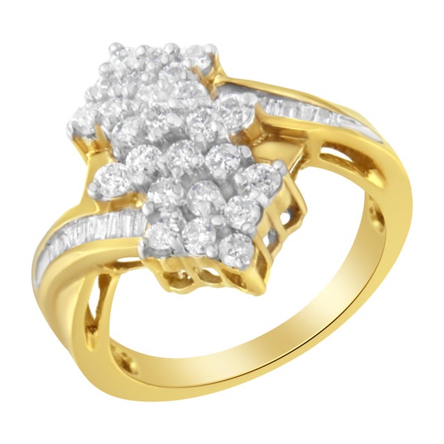 10K Yellow Gold Round And Baguette Cut Diamond Cluster Ring (1 1/10 Cttw, H-I Color, SI2-I1 Clarity) - Size 8 For Sale - Image 4 of 7
