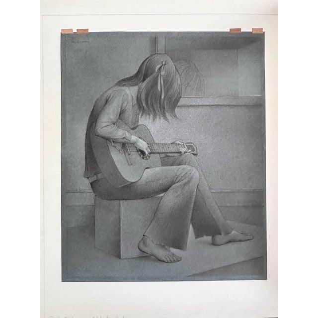 Realism 1970s Original Signed Henderson "Study for Guitar" Pencil and White Wash Sketch in Grey Linen and Gold Matting For Sale - Image 3 of 14