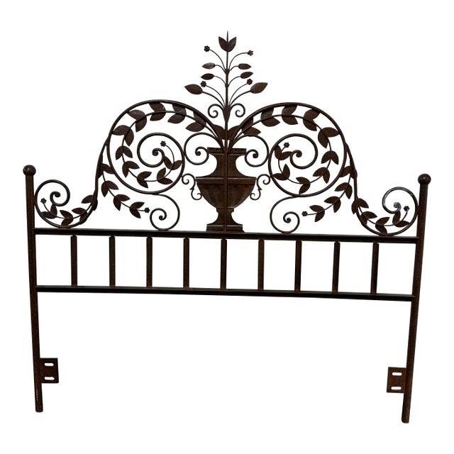 Queen Size Wrought Iron Botanical Scrollwork Headboard For Sale