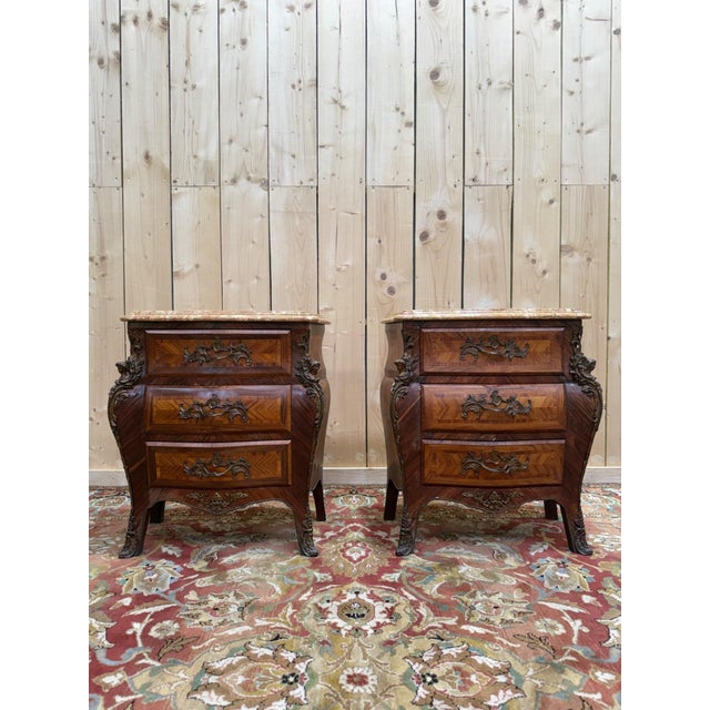 Brown Small Louis XV Style Marquetry and Marble Bombé Chests of Drawers, 1950s, Set of 2 For Sale - Image 8 of 8