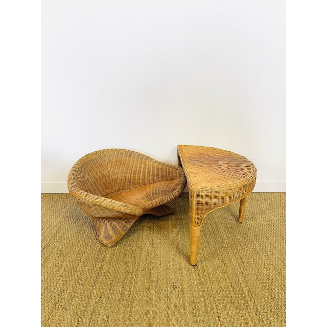 Wood Vintage Sculptural Lotus Meditation Chair and Half-Moon Table in Rattan, 1970s, Set of 2 For Sale - Image 7 of 18