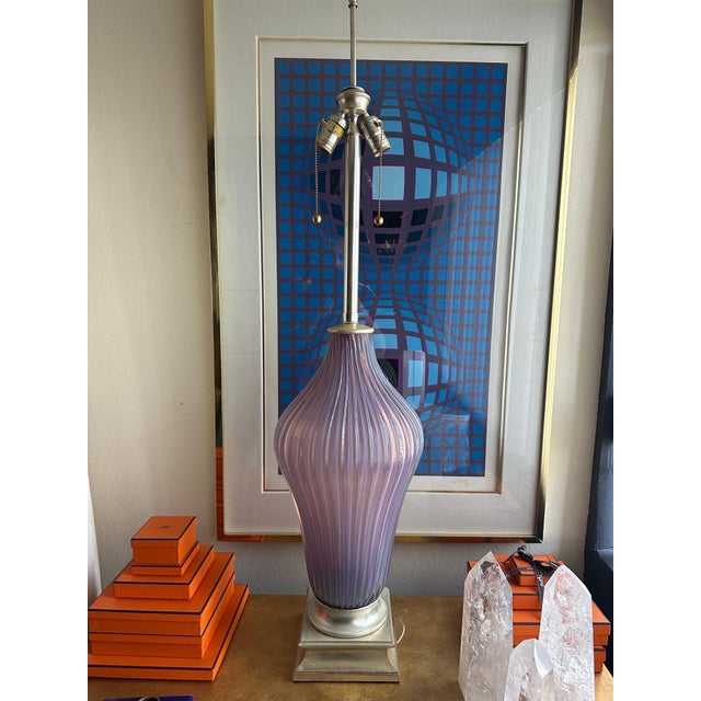Large lilac / violet Murano glass lamp by Marbro. 38” to the top of sockets. Does not include lampshade.