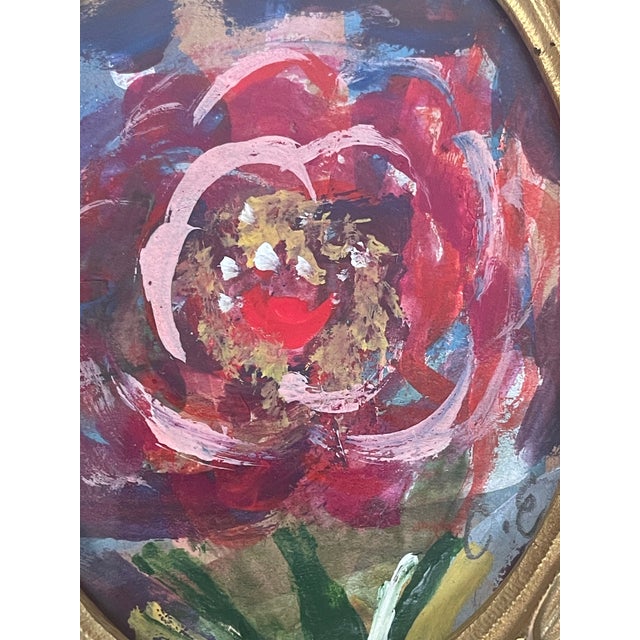 Abstract 1970s Mini Abstract Floral Painting in Ornate Bronze Frame For Sale - Image 3 of 4