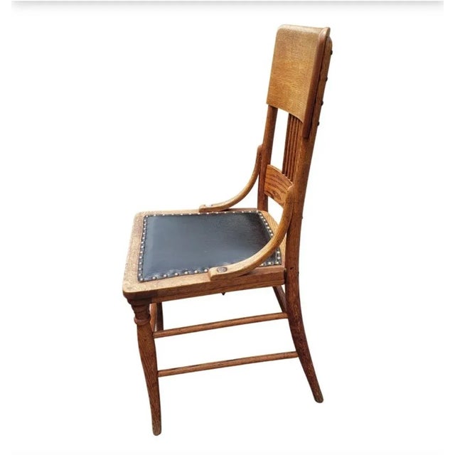 Early American Pressed Oak Studded Back & Nail Leather Dining Chairs, a Set For Sale In Washington DC - Image 6 of 10