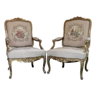 Antique Pair of French Tapestry Gild Carved Gold Wood Arm Chairs Chairs For Sale