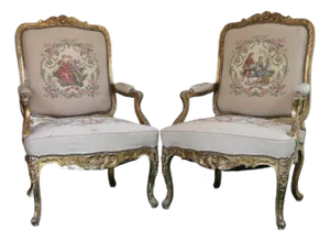 Antique Pair of French Tapestry Gild Carved Gold Wood Arm Chairs Chairs