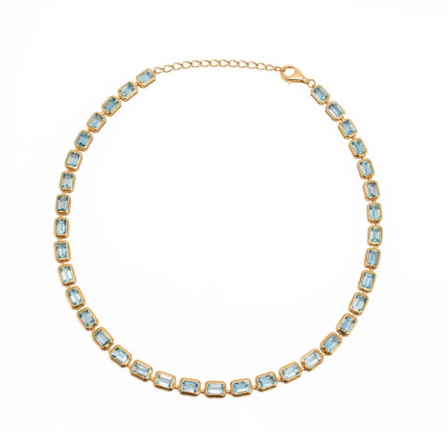 Metal 14k Yellow Gold 17.84ctw Bezeled Aquamarine Adjustable Tennis Chain Necklace For Sale - Image 7 of 8