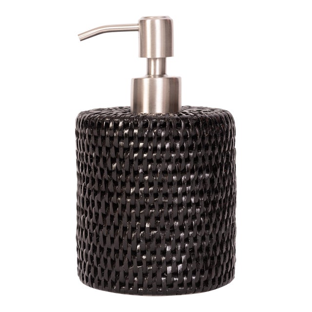 Artifacts Rattan Stainless Steel Polished Finish Soap Pump Dispenser in Black For Sale