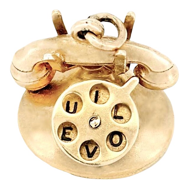 1960s Vintage 14k Articulating Rotary Dial Telephone Charm, I Love U For Sale