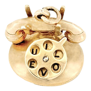 1960s Vintage 14k Articulating Rotary Dial Telephone Charm, I Love U
