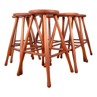 Vintage Beech and Molded Wood Stools in the style of Guillerme and Chambron, 1960s, Set of 6 For Sale