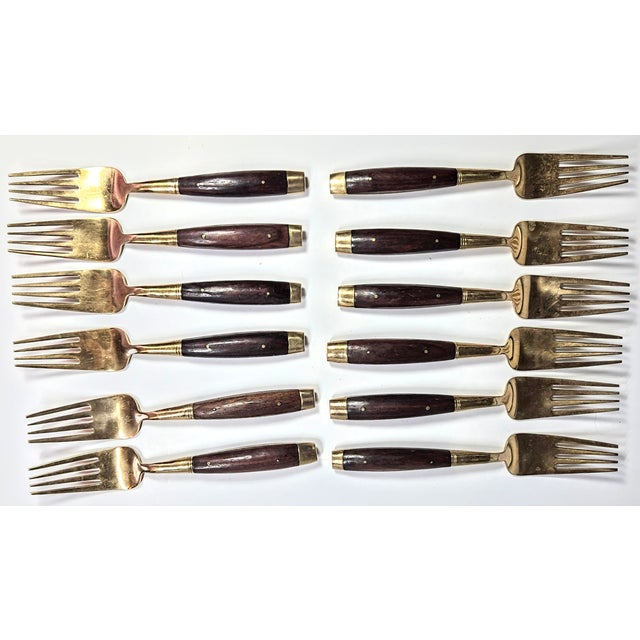 Mid-Century Modern Midcentury Rosewood and Brass Salad Forks- Set of Twelve For Sale - Image 3 of 11