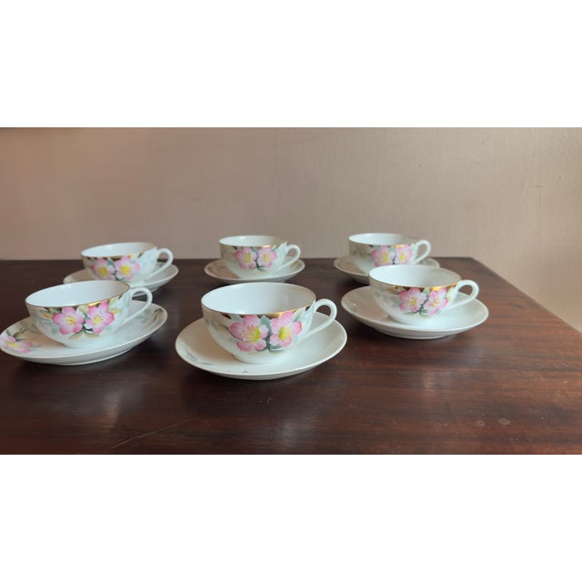 Japanese Antique, Early 20th Century Noritake Azalea Porcelain Tea Cups & Saucers, Set of Six For Sale - Image 3 of 10