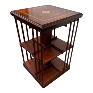 Antique Sheraton Style Mahogany Inlaid Revolving Bookcase Side Table. For Sale