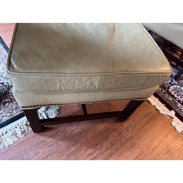 VTG Classic Leather Inc Mahogany Chippendale Wingback Chair Ottoman Beige Set For Sale - Image 9 of 15