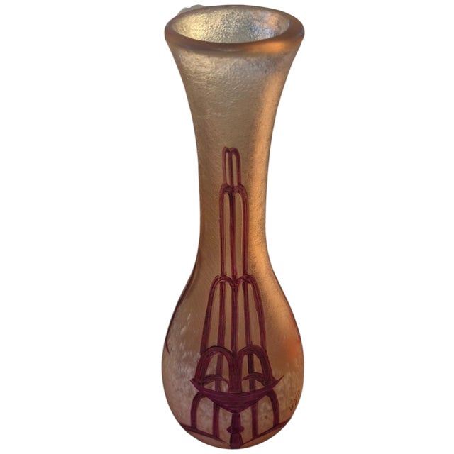 Verrerie Legras 1920s Large Art Deco Enameled Glass Cameo Vase by Legras – Stylized Fountain Design (14.5 Inches) For Sale - Image 4 of 6