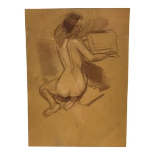 Vintage Seated Female Nude Figure Drawing on Toned Paper, Figurative Life Study. For Sale