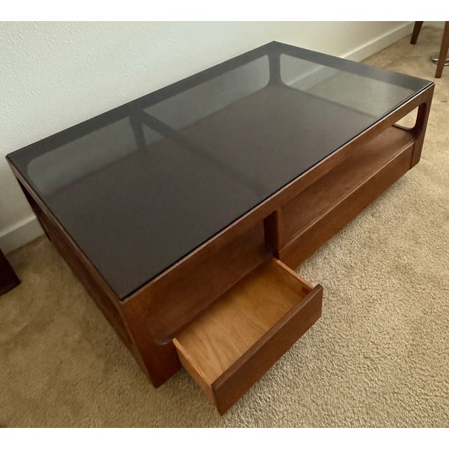 John Keal John Keal for Brown-Saltman | Mid-Century Modern Walnut and Smoked Glass Table For Sale - Image 4 of 10