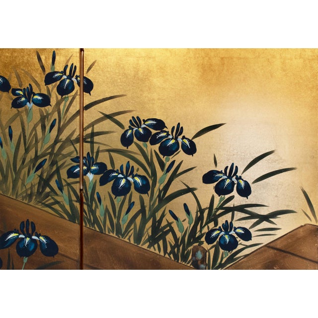 Wood "Rinpa Iris Yatsuhashi" by Taizan, Heisei Era Japanese Painted Byobu Screen For Sale - Image 7 of 18