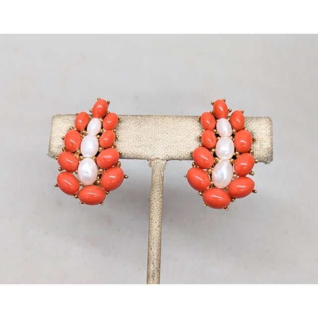 Trifari Vintage 1958 Crown Trifari Goldtone Cabochon Faux-Coral & Faux-Pearl Clip Earrings-2 Pieces For Sale - Image 4 of 8