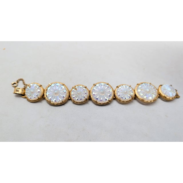 Mid-Century Modern Vintage 1960s Signed Hobe Goldtone Round Iridescent Rhinestone Link Bracelet For Sale - Image 3 of 9