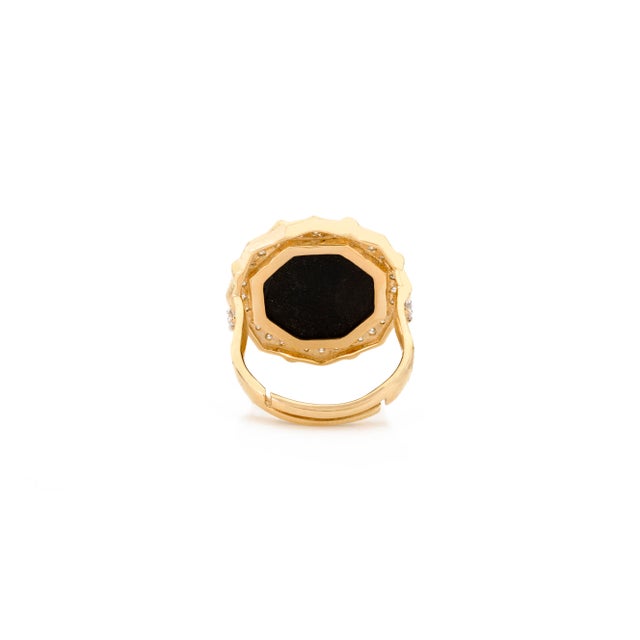 Metal 14k Yellow Gold Black Onyx Halo Diamond Cocktail Ring Size 6.5 For Sale - Image 7 of 10