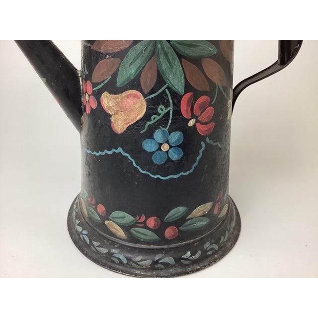Late 19th Century Large Antique Black Hand Painted Toleware Coffee Pot For Sale - Image 5 of 8
