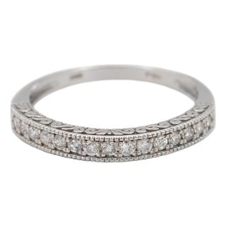 14k 585 Solid White Gold Side Engraving Milgrain Natural Diamond Band Ring, Size 6 For Sale