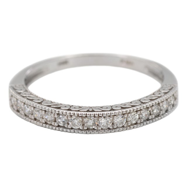 14k 585 Solid White Gold Side Engraving Milgrain Natural Diamond Band Ring, Size 6 For Sale