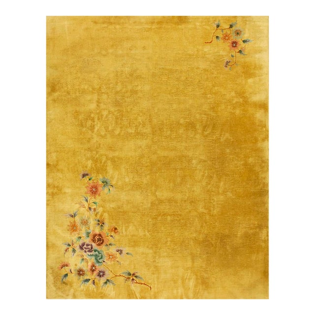 1920s Yellow Gold Open Field Floral Antique Chinese Art Deco Carpet 9' X 11' 4'' Knotted Wool Rug For Sale