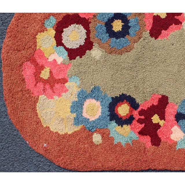 American Vintage Oval American Hooked Rug With Large Flower Design For Sale - Image 3 of 8