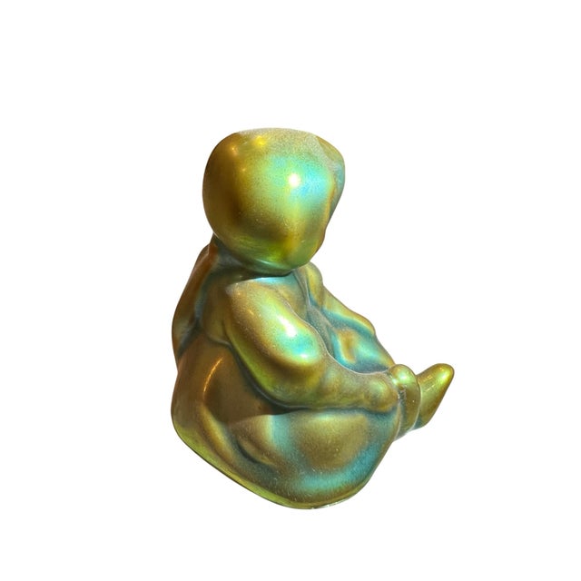 Vintage Zsolnay Hand Crafted Pottery Small Children Sitting & Holding Basket, Eosin Iridescent Green Glaze For Sale - Image 6 of 11