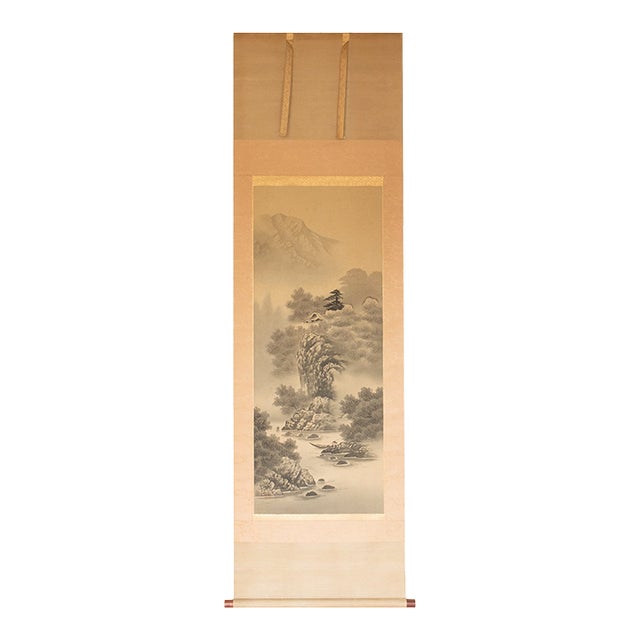 C. 1920 Taisho Era Japanese Silk Scroll Ink Landscape Painting For Sale