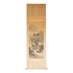 C. 1920 Taisho Era Japanese Silk Scroll Ink Landscape Painting