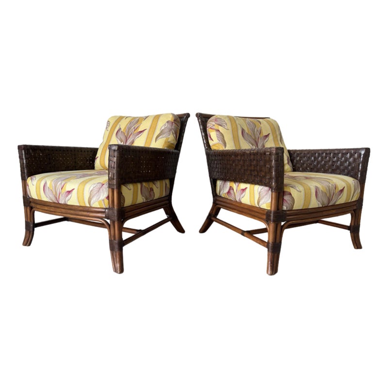 Palm Beach Regency - Style Palecek Rawhide Weave Lounge Chairs With Rattan Frame - A Pair