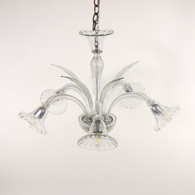 Mid-Century Modern Mid-Century Five-Arm Ribbed and Scalloped Cristallo Murano Chandelier For Sale - Image 3 of 12