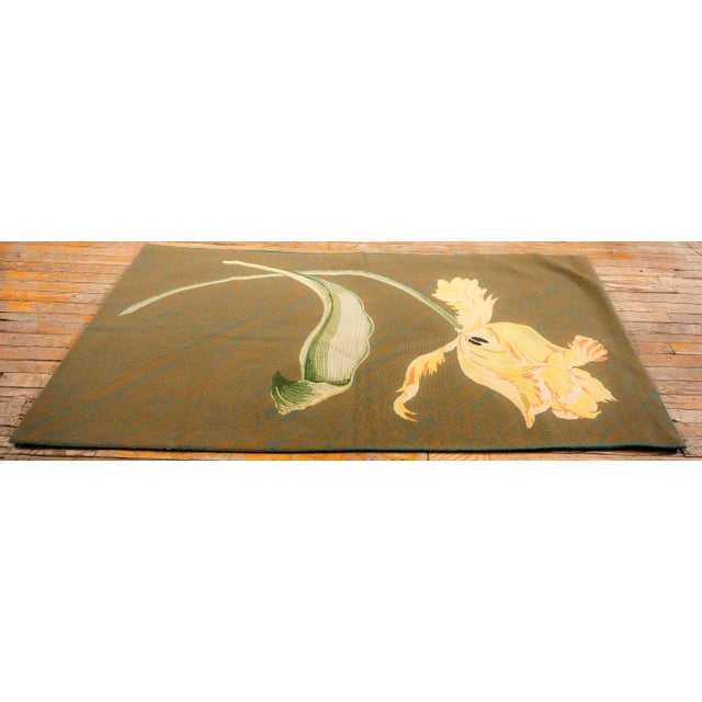 English 1900s Olive Green Ground Floral Antique European Needlepoint Handmade Wool Rug For Sale - Image 3 of 6