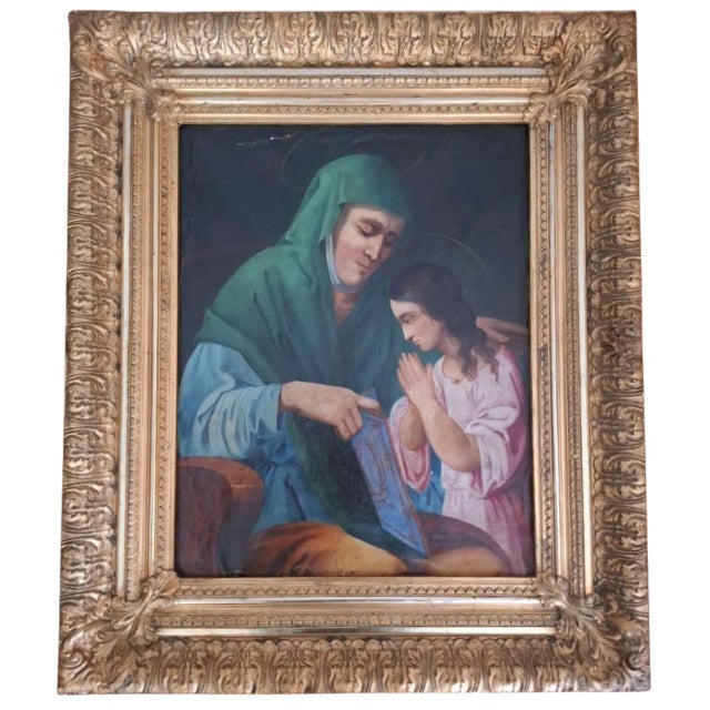 Wood Saint Anne Teaching the Virgin to Read, 1800s, Oil on Canvas, Framed For Sale - Image 7 of 7