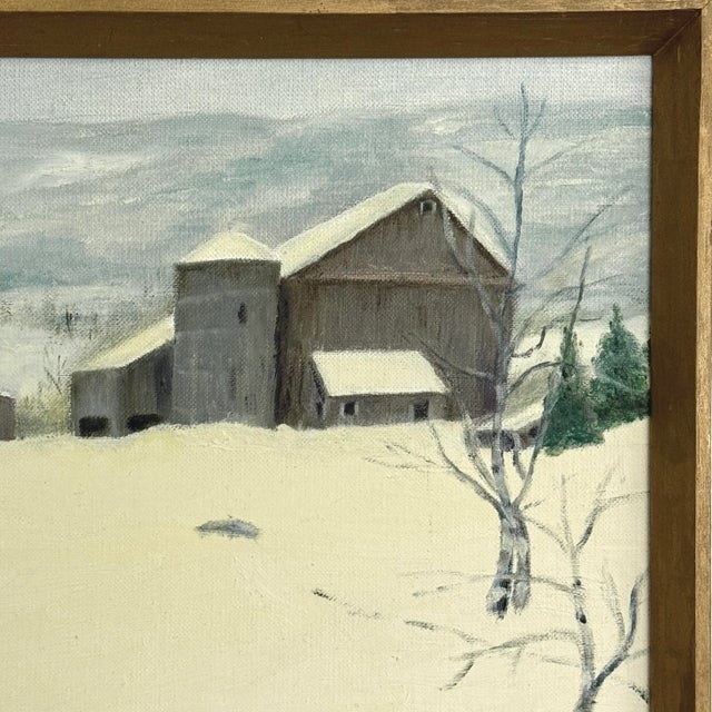 American Vintage Folk Art Winter Landscape With Barn and Bare Trees (1977, Oil on Board) For Sale - Image 3 of 4