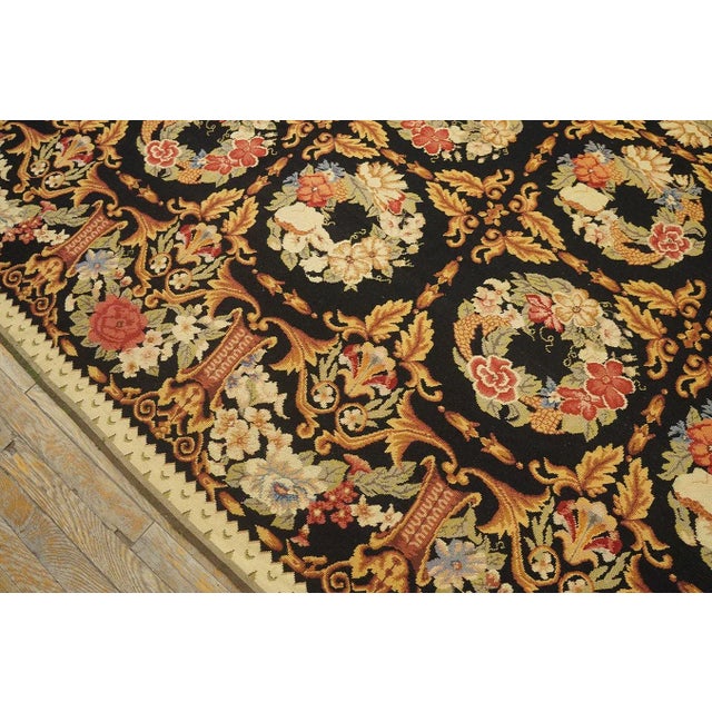 1980s Black Roses Circle Vintage Chinese European Needlepoint Woven Wool Rug For Sale In New York - Image 6 of 11