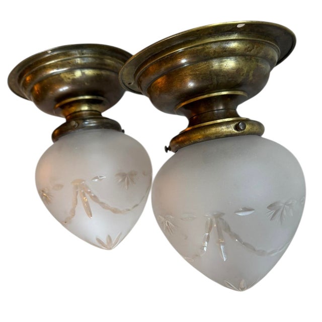 Metal 1920s Pair of Vintage Frosted Starburst Wheelcut Ceiling Light Fixures For Sale - Image 7 of 7