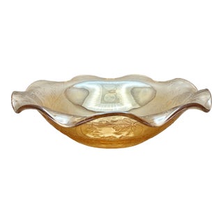Vintage Jeannette Glass Co. Iridescent Marigold Glass “Floragold or Louisa” Ruffled Bowl With Impressed Florals For Sale