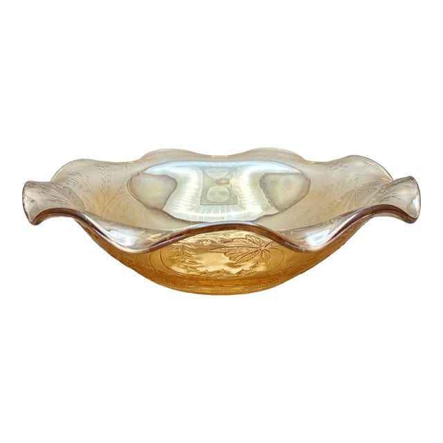 Vintage Jeannette Glass Co. Iridescent Marigold Glass “Floragold or Louisa” Ruffled Bowl With Impressed Florals For Sale