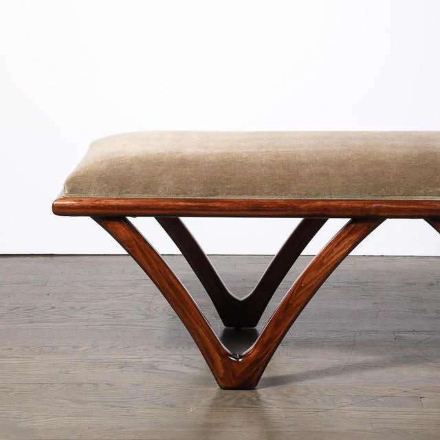 Italian Mid Century Modern Sculptural Graphic Walnut & Taupe Mohair Bench For Sale - Image 10 of 13