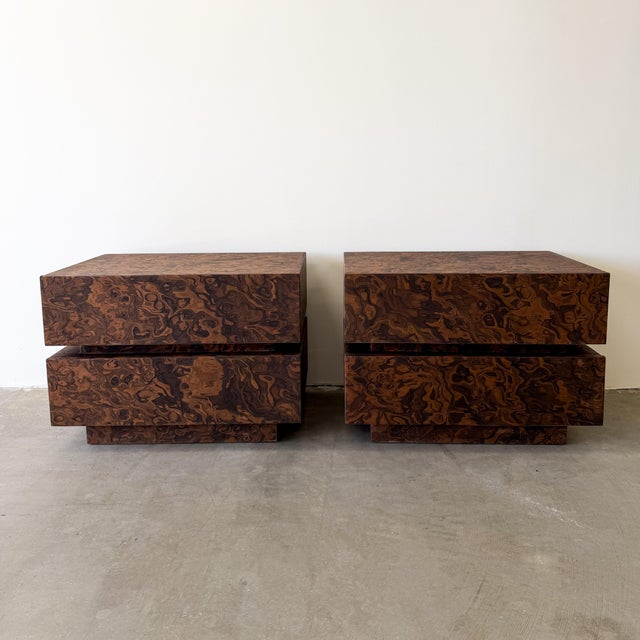 Karl Springer Pair of Vintage Mid Century Modern Burlwood Nightstands 1970s For Sale - Image 4 of 10