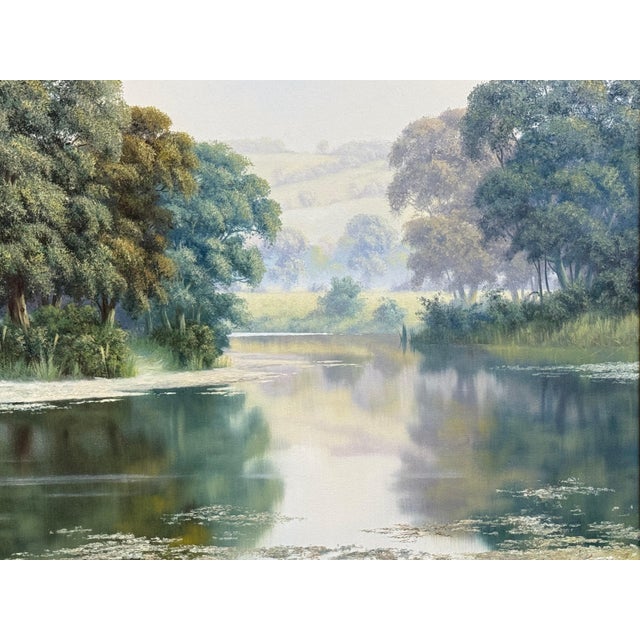 Peaceful Misty Riverside in the English Countryside with Cows & Tree Reflections Circa 1990 For Sale - Image 6 of 17