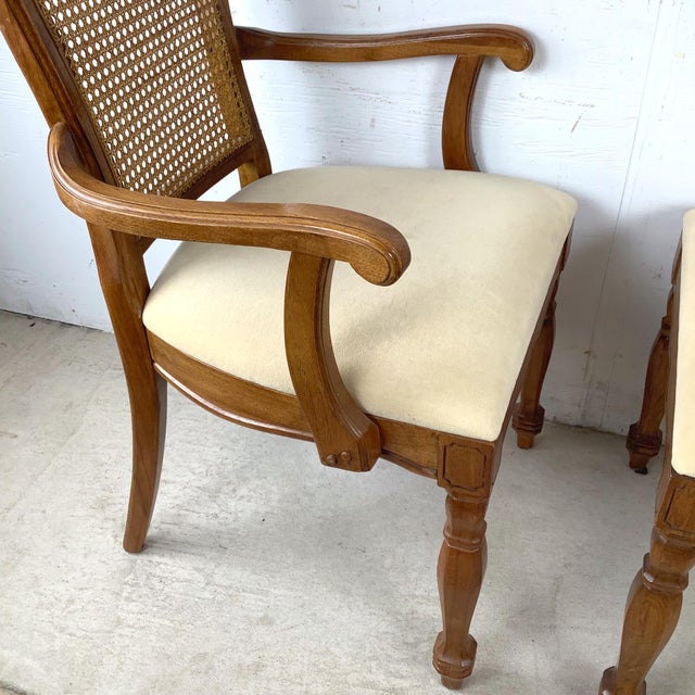 Pair of Vintage Provincial Walnut & Cane High-Back Armchairs With Burlwood Crest For Sale - Image 15 of 18