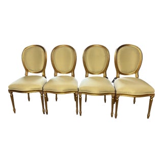 1970s Set of Four Vintage Louis XVI Style Upholstered Giltwood Dining Chairs For Sale